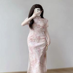 핑크 슬림핏 치파오 젊은 소녀 스타일 중국어 새 버전 여름 드레스 반팔 데일리웨어 폴리에스테르 섬유 가운