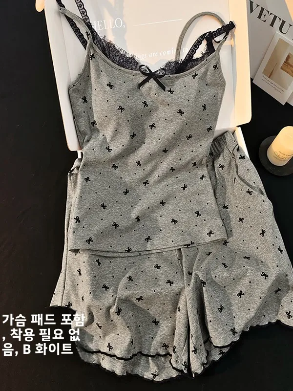 섹시한 모달 코튼 스트랩 슬립웨어 여성용 세트 (가슴 패드 포함) 투피스 홈웨어 반팔 라운드넥 여름 나이트가운