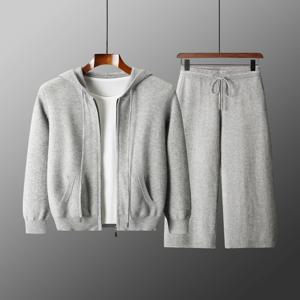 남성용 투피스 세트 100% 메리노 울 니트 후드 칼라 가디건 및 와이드 레그 팬츠 가을 겨울 두꺼운 따뜻한 의류