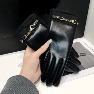 고급스러운 고품질 단백질 가죽 플리스 안감 여성용 장갑 겨울 사이클링 방풍 보온 우아한 터치스크린 장갑