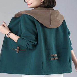 중년 어머니들을 위한 루즈핏 캐주얼 후드 숏자켓 봄 가을 신상 한국 스타일 플러스 사이즈 패치워크 포켓 손수건