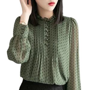 여성 봄 가을 스타일 시폰 블라우스 셔츠 레이디 캐주얼 긴 소매 오-넥 폴카 도트 프린트 시폰 블라우스 탑 DD8879