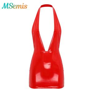 여성 스키니 라텍스 미니 스커트 미니 드레스 에나멜 광택 웻룩 바디콘 라텍스 PVC 드레스 웻룩 레이브 파티 클럽웨어