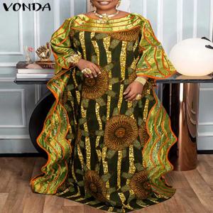 플러스 사이즈 5XL VONDA 보헤미안 여성 롱 드레스 여름 프린트 Ruffled Maxi Sundress 플레어 슬리브 루즈 캐주얼 가운 파티 베스 티드