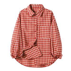 여성용 레트로 레드 체크 무늬 긴팔 셔츠, 턴다운 칼라, 루즈 캐주얼 블라우스, 여성 오버셔츠 상의, 용수철 가을