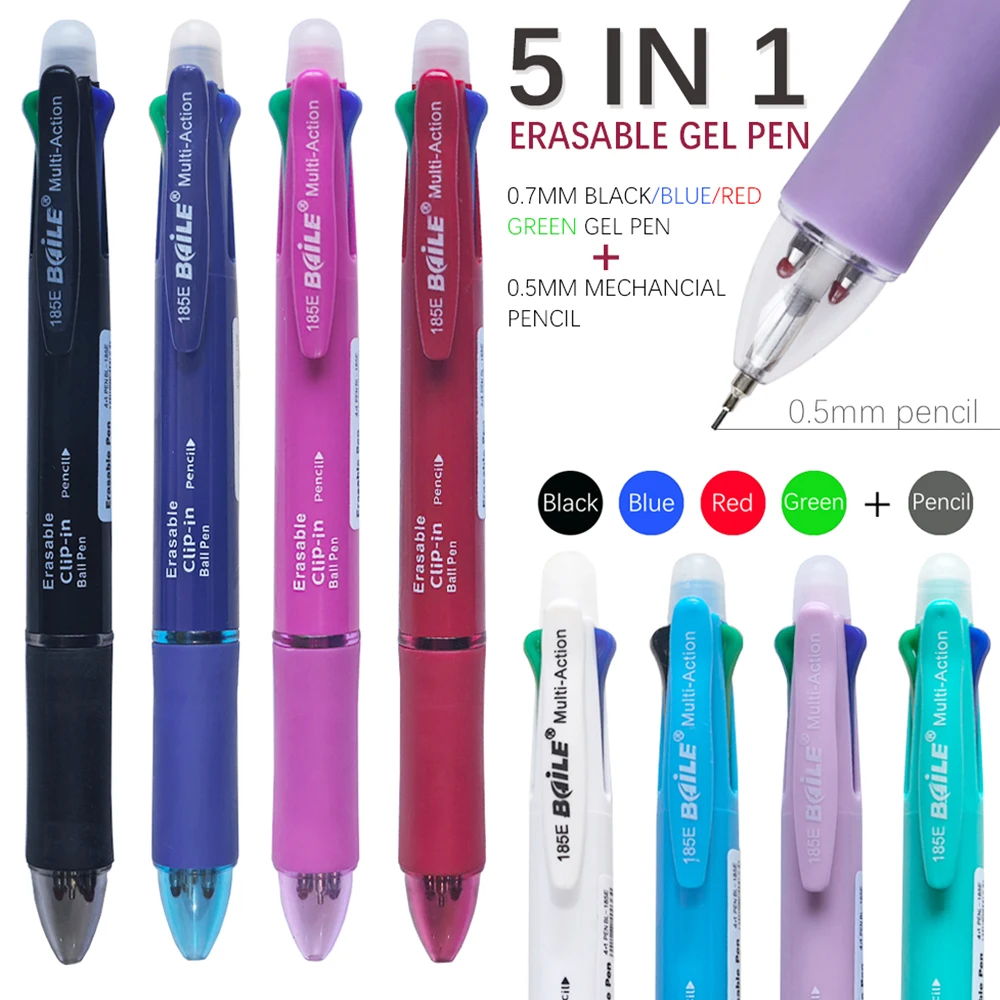 크리 에이 티브 5 In 1 여러 가지 빛깔의 지울 수있는 젤 펜, 4 색 0.7mm 교체 가능한 펜 리필 1pc 0.5mm 자동 연필 리드 편지지