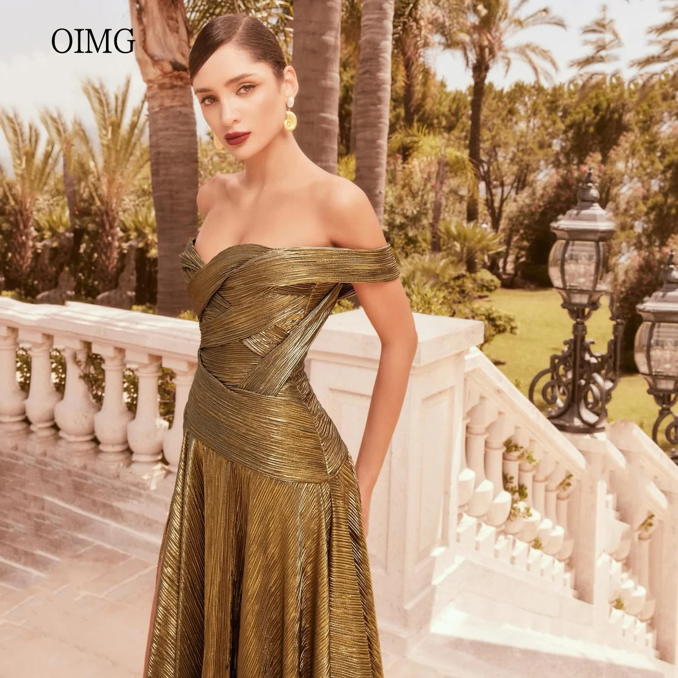 OIMG 우아한 오프 숄더 라인 댄스 파티 드레스 백리스 질감 파티 드레스 바닥 길이 이브닝 드레스 맞춤형