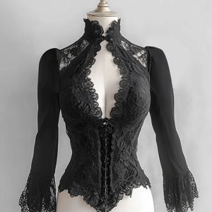 프랑스 코르셋 블라우스 여성 블랙 슬림핏 우아한 코트 레이스 시스루 스탠드 칼라 컷아웃 플레어 슬리브 셔츠 여성 블라우스