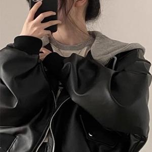 레트로 시크 봄 가을 루즈핏 더블 포켓 버튼업 캐주얼 만능 투피스 스타일 후드 가죽 자켓 코트 (여성용)