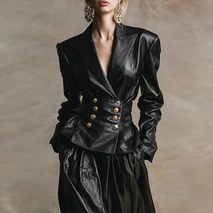 모델 어반 엘레강스 인조 가죽 재킷 여성용 2025 겨울 브이넥 더블 브레스티드 빈티지 블랙 PU 가죽 아우터웨어