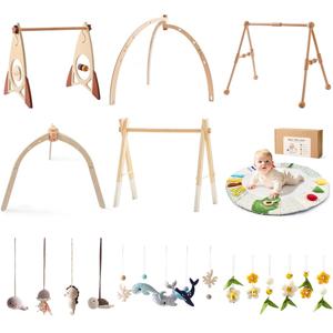 나무 아기 놀이짐 음악 활동 매트 0-12개월 아기 팔다리 운동 감각 발달 장난감 모빌 흔들리는 벨