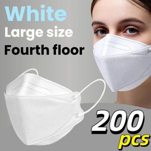 200개입/3D 나뭇잎 모양의 3차원 흰색 일회용 4겹 마스크, 얼굴 윤곽에 맞는 곡선 디자인, 두꺼운 탄성 이어 루프와 코 브릿지 클립 포함, 대량 구매 가능, 여행, 야외 활동, 일상 착용, 파티, 사무실 사용에 적합