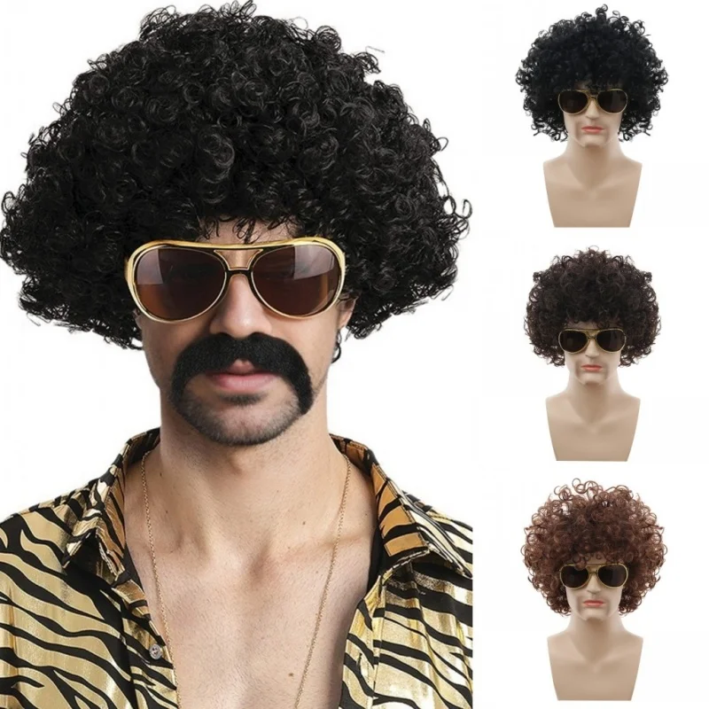 합성 가발 캡 70년대 디스코 히피 록 펑크 아프로 합성 가발 곱슬머리 남성 여성 파티 할로윈 코스프레 헤어 헤드커버
