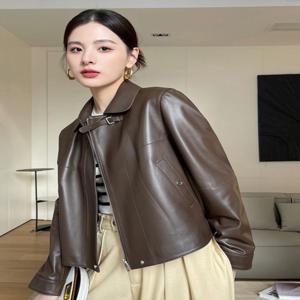 a 정품 가죽 자켓 여성용 짧은 스타일 봄 가을 캐주얼 양가죽 레트로 바이커 코트 streetwear 슬림 피트 지퍼