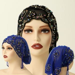 무슬림 진주 비즈 레이스 캡 메쉬 원단 비즈 튜브와 아크릴 다이아몬드 실 자수 모자 (두바이 아라비아 스타일)