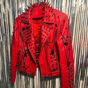 클럽웨어 스파이크 스터드 리벳 코트 E-Girls 펑크 록 고스 에모 고딕 Y2K Pu 가죽 자켓 하라주쿠 그런지 체인 지퍼