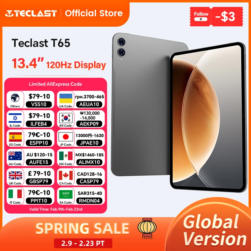 테클라스트 T65 태블릿 13.4인치 2K 120Hz 디스플레이 유니소크 T7280 옥타 코어 최대 26GB 램 128GB 롬 8000mAh 배터리 안드로이드 16 LTE 태블릿