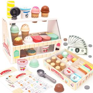 유아용 나무 아이스크림 장난감, 놀이 가게 소꿉놀이 음식 주방 액세서리 (스쿱, 메뉴, 장난감 돈 포함), 크리스마스 선물