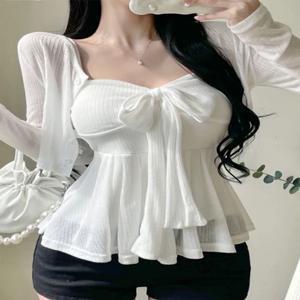 섹시한 슬림핏 나비 매듭 스트랩 가디건 투피스 세트 패셔너블하고 다재다능한 동대문 여성복 우아한 봄 컬렉션