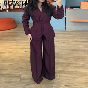 VTKW 여성 디자이너 2피스 세트 싱글 브레스티드 블레이저 하이웨이스트 와이드 레그 팬츠 봄 여름 캐주얼 슈트 휴가 2025