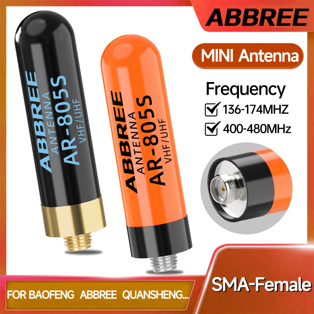 ABBREE AR-805S 미니 단거리 무전기 안테나 SMA-암 듀얼 밴드 고이득 바오펑 UV-5R 미니 UV-21 PRO 햄 라디오용