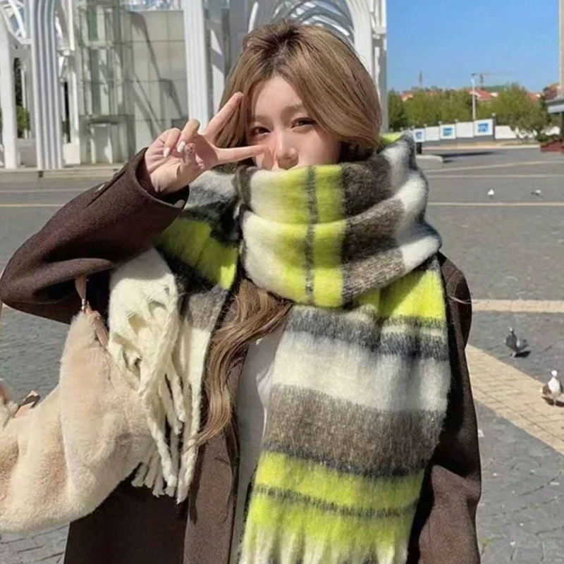 마이야르 여성용 리버시블 스카프 체크무늬 방풍 보온, 개성, 겨울 숄 랩 오버사이즈 타탄 스트라이프 프린지 스카프