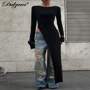 Dulzura 긴 소매 사이드 하이 슬릿 맥시 드레스 솔리드 섹시한 롱 드레스 여성 파티 클럽 streetwear 가을 겨울 복장