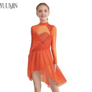 키즈 여자 피겨 아이스 스케이트 드레스 라인 석 메쉬 드레스 내장 팬티 성능 파티 서정적 현대 댄스 댄스웨어