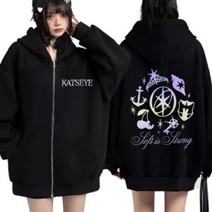 캣아이 그래픽 트랙슈트 빈티지 후드티 남녀공용 2025 탑 플리스 패션 의류 힙합 코트 지퍼 업 재킷 루즈 스트릿웨어