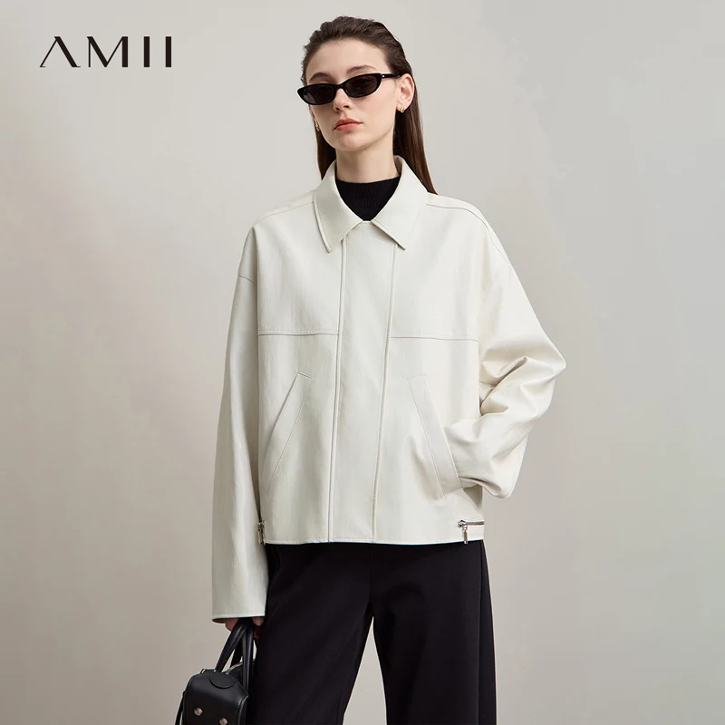 아미 가죽 재킷 여성 2025 가을 신상 미니멀리스트 라펠 루즈핏 PU 가죽 지퍼 숄더 롱 슬리브 코트 여성용 12543228