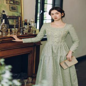 티이하일리 여성용 100% 면 드레스 긴 소매 롱 맥시 여성 사이즈 S-XL 스퀘어 칼라 빈티지 그린 하이 웨이스트 지퍼 레이스