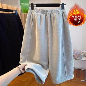 2025 신상 여성 플러스 사이즈 코듀로이 팬츠 따뜻한 기모 안감 스트레이트 레그 9부 바지 솔리드 컬러 출퇴근 스타일 겨울