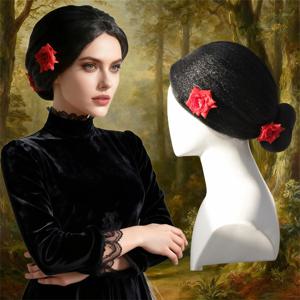 빨간 꽃 장식이 있는 검은색 전통 일본식 낮은 번 가발, 부드럽고 윤기나는 반짝이는 합성 헤어피스
