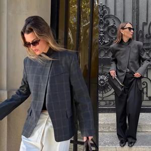 2026 봄 여성 코트 스탠드 칼라 비대칭 포켓 그레이 체크 블레이저 가을 여성 아우터웨어 빈티지 스트리트