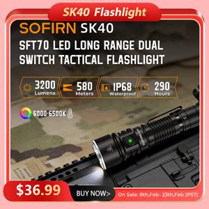 Sofirn SK40 21700 충전식 손전등 SFT70 LED 3200lm 강력한 전술 토치 580M 장거리 스포트라이트 포함