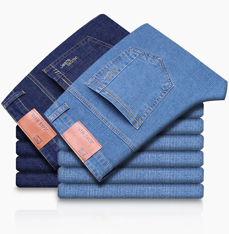 여름 얇은 남성 탄성 코튼 청바지 패션 블루 편안한 비즈니스 스트레이트 캐주얼 바지 브랜드 남성 의류 바지