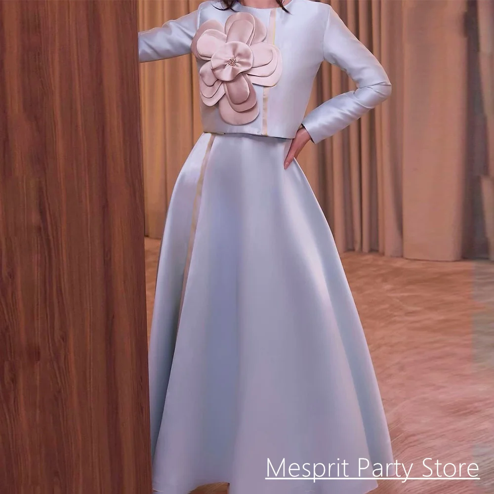 아라비안 댄스 파티 드레스 두 조각 파티 드레스 맞춤형 라운드 넥 풀 슬리브 큰 꽃 구슬 라인 아랍어 댄스 파티 드레스