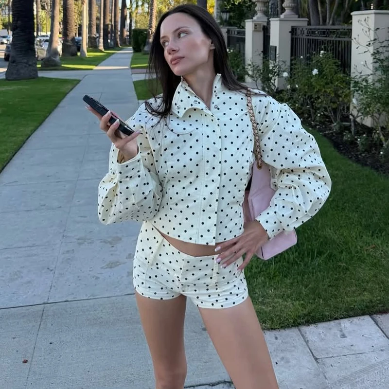 타르시 패션 물방울 무늬 프린트 재킷 코트 여성 스탠드 칼라 긴팔 워크웨어 코트 인기 숏 캐주얼 여성 재킷