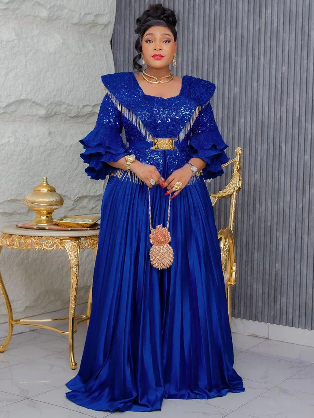 여성용 아프리카 파티 드레스, 고급 스팽글 롱 드레스, 앙카라 다시키 아프리카 의류, 플러스 사이즈 러플 소매 맥시 로브 아바야