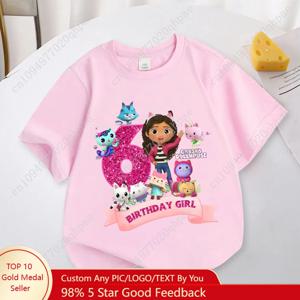 가비의 인형의 집 생일 번호 티셔츠 여아용 흰색 분홍색 반팔 티셔츠 상의 면 여름 캐주얼