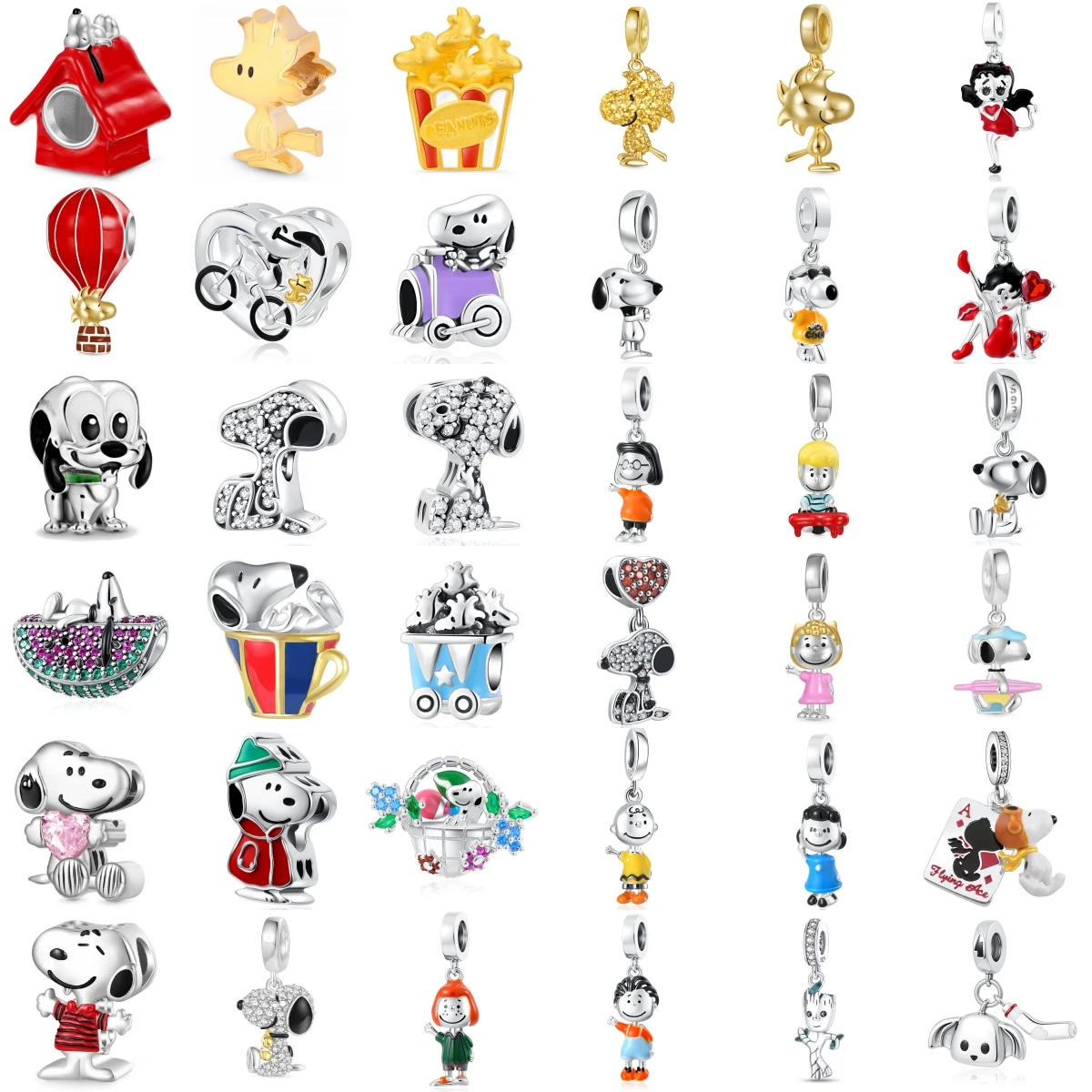 미니소 디즈니 925 스털링 실버 스누피 팝콘 수박 꽃바구니 참 펜던트 오리지널 팔찌 여성 DIY 주얼리