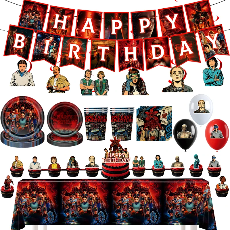 호러 영화 데모고르곤&플라워 어린이 생일 파티 장식, 일회용 식기류 테이블보 풍선 깃발 파티 용품