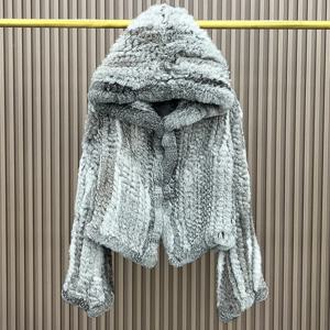 2025 가을 겨울 여성용 리얼 천연 토끼털 두꺼운 퍼 코트 100% 퍼 따뜻한 재킷 루즈핏 니트 고급 후드 풀 슬리브