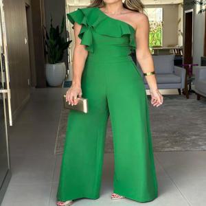 러플 원 숄더 점프수트, 봄 & 여름을 위한 우아한 솔리드 점프수트, 여성 의류