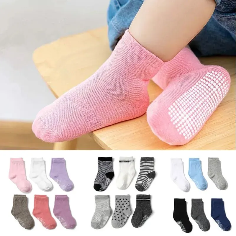 6 짝/몫 아기 유아 어린이를위한 그립이있는 미끄럼 방지 비 발목 양말 소년 소녀 올 시즌 0-3 년 동안면 바닥 양말