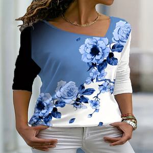 플러스 사이즈 여성용 프린트 패턴 슬래시 넥 긴팔 티셔츠, 루즈 캐주얼 폴리에스터 3XL-5XL, 2024 여름 신상