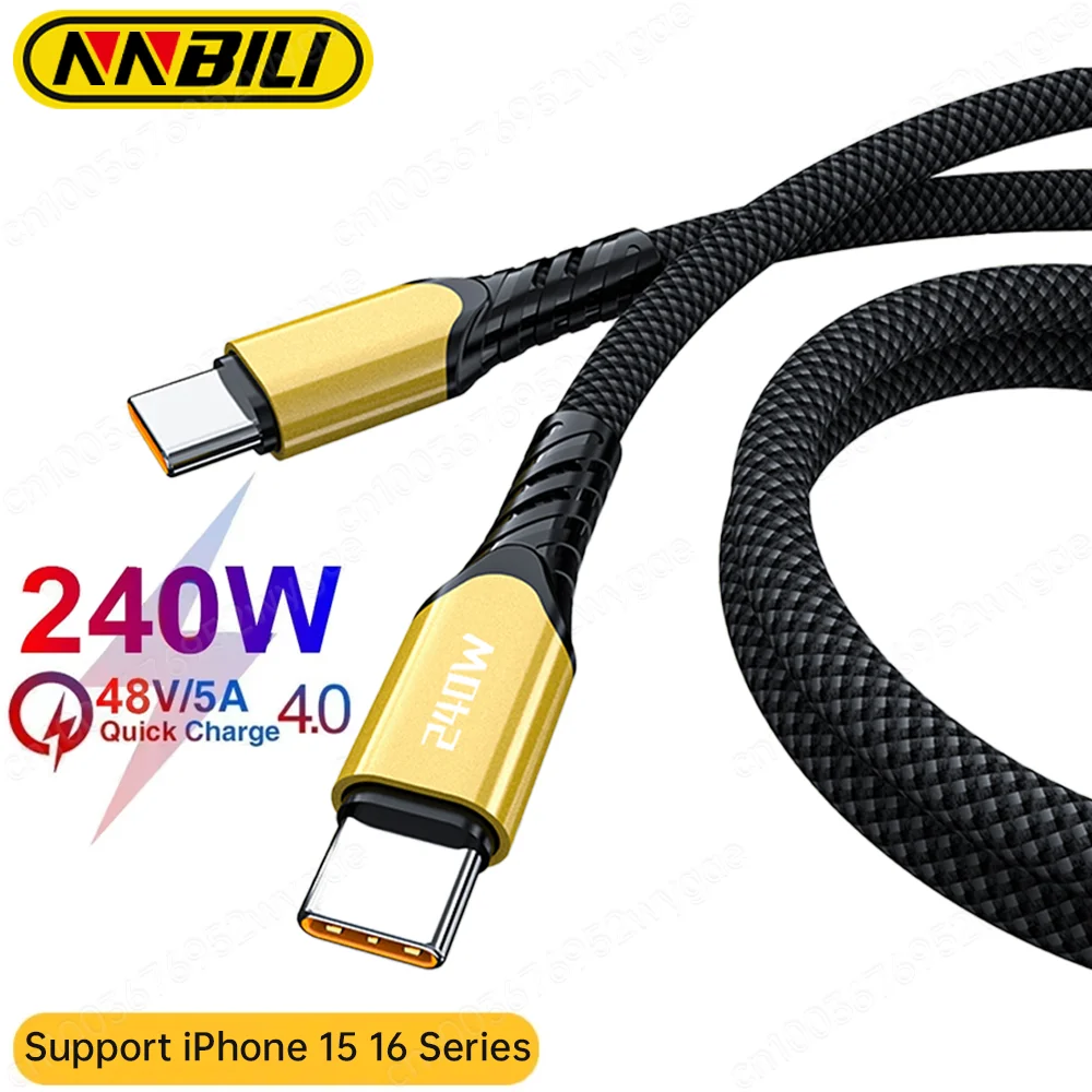 NNBILI 240W USB C 케이블 전원 와이어 QC4.0 MacBook 용 Samsung iPhone 15 16 USB C to C PD 케이블 48V5A 고속 충전 유형 C 케이블