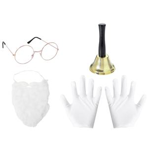 성인 크리스마스 산타 클로스 세트 의상 안경, 화이트 컬러 장갑, 가짜 수염, 울리는 벨 벨트, 파티 공연 액세서리