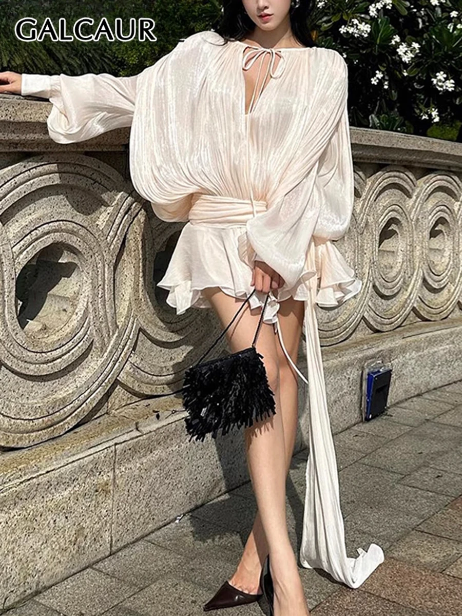 GALCAUR 솔리드 루즈 Splicd 레이스 업 드레스 여성용 V 넥 긴 소매 패치 워크 프릴 튜닉 드레스 여성 Fashio New