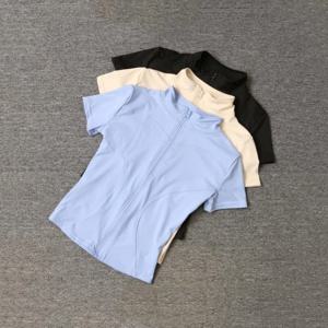 여름 고품질 허리 슬리밍 훈련 탑 여성의 빠른 건조 꽉 스탠드 칼라 전체 지퍼 반팔 요가 셔츠